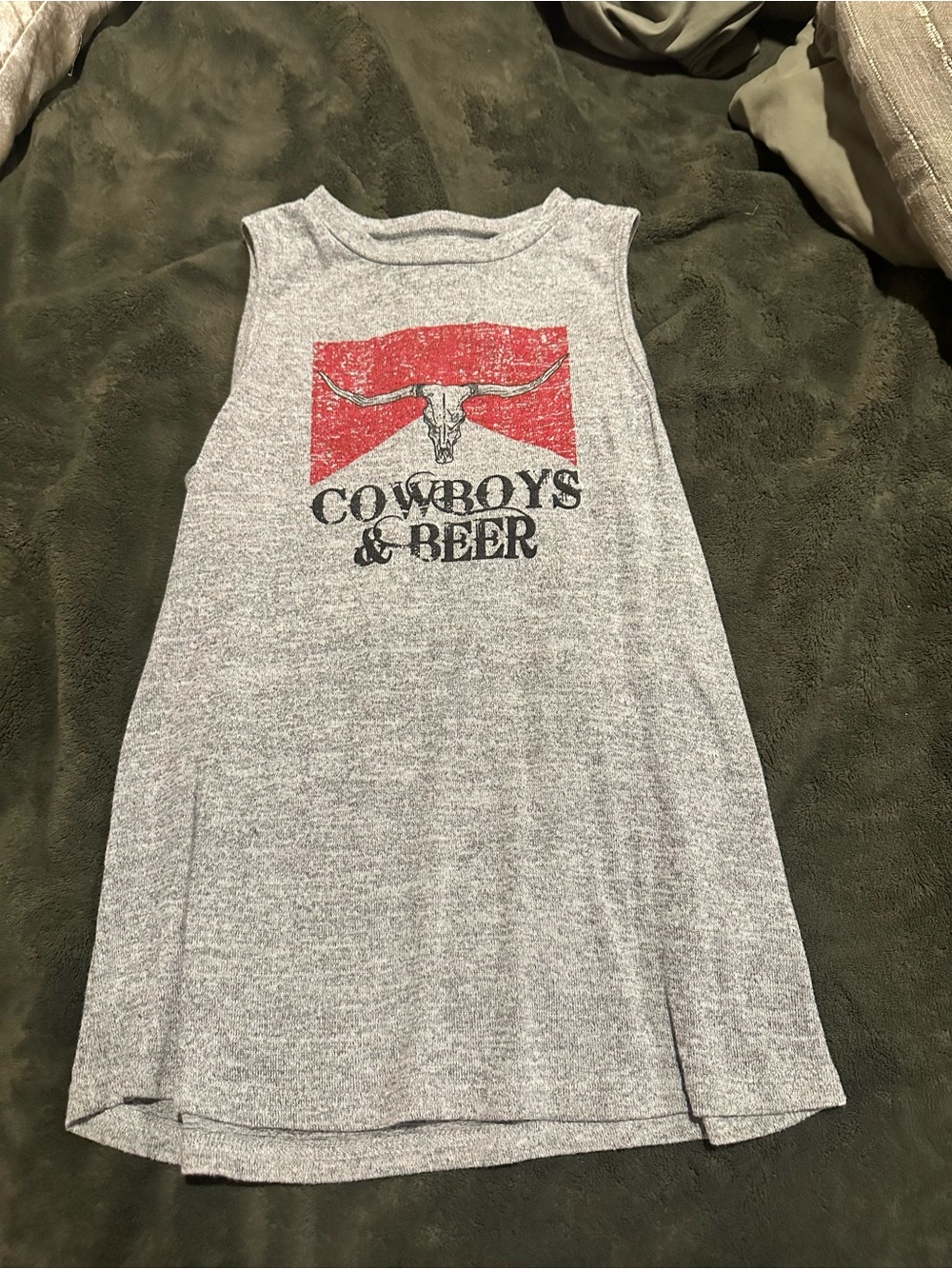 Women’s Gray Sleeveless Tee with Red Graphic - Cowboys & Beer